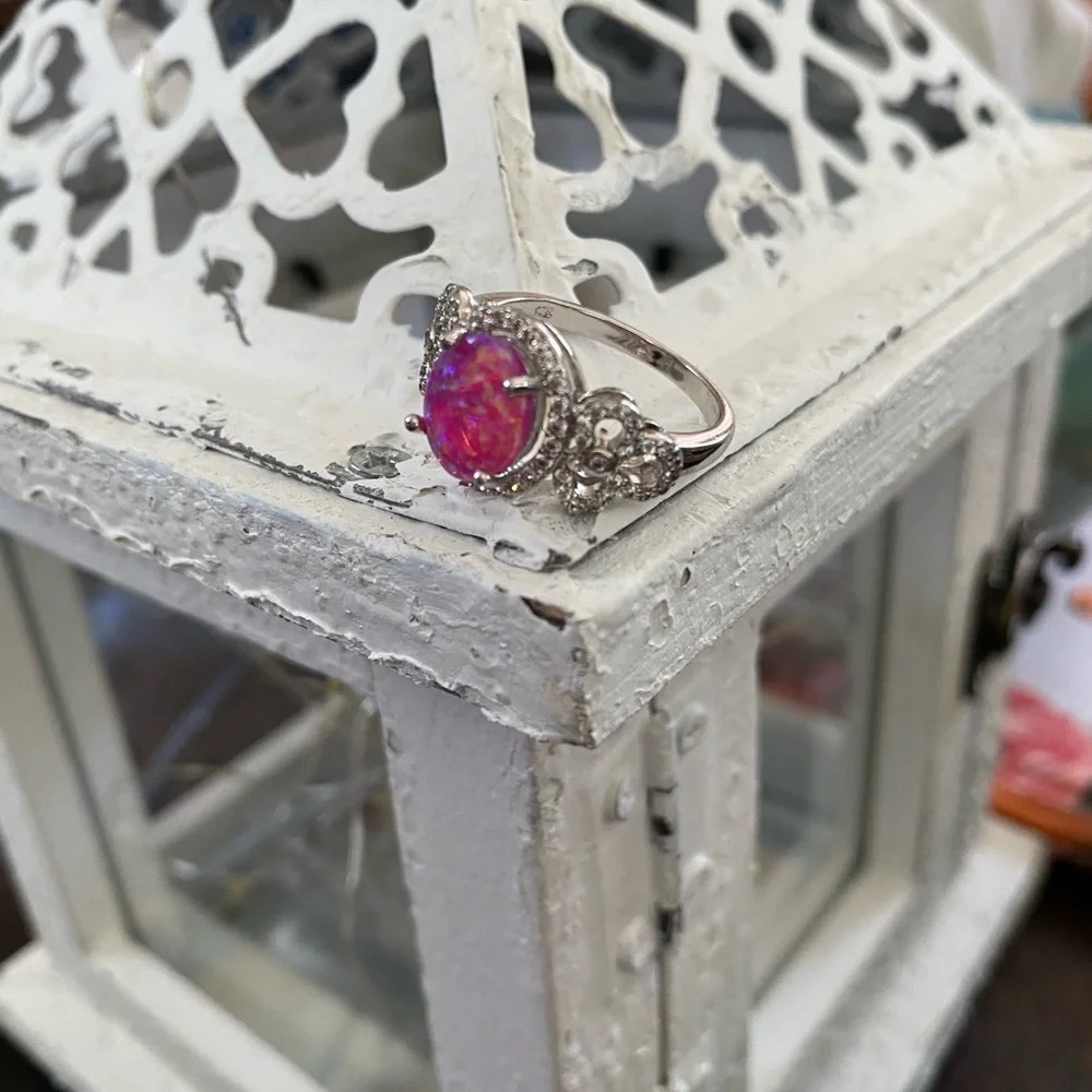 Sterling silver pink opal w/ rhinestones ring, Sz. 7